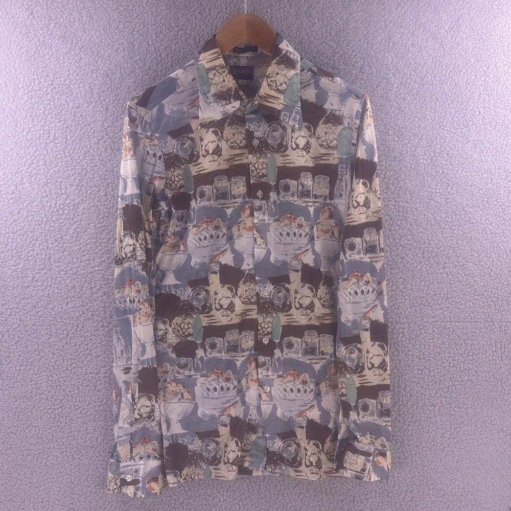 Vintage 70s Enro Mens Large Disco Dagge Collar Novelty Print Button Down Shirt